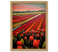 Red Tulip Fields Of Holland Netherlands Modern Oil Artwork Framed Wall Art Print A4 Artery8 Light Oak One Size
