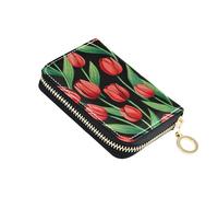 Red Tulip Flowers Green Black Wallet for Women Small RFID Blocking Credit Card Holder Zip Around Zipper Change Purse with Key Ring