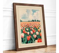 Red Tulips at Horizon Vintage Framed Wall Art Print A1 (84.1×59.4cm) Walnut, Wall Decor for Living Room, Bedroom, Office & Home, Ready to Hang, Art Gift