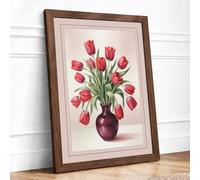 Red Tulips in Burgundy Vase Botanical Framed Wall Art Print A2 (59.4×42cm) Walnut, Wall Decor for Living Room, Bedroom, Office & Home, Ready to Hang, Art Gift