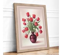Red Tulips in Burgundy Vase Botanical Framed Wall Art Print A4 (29.7×21cm) Oak, Wall Decor for Living Room, Bedroom, Office & Home, Ready to Hang, Art Gift