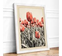Red Tulips Rising Botanical Framed Wall Art Print A3 (42×29.7cm) White, Wall Decor for Living Room, Bedroom, Office & Home, Ready to Hang, Art Gift