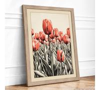 Red Tulips Rising Botanical Framed Wall Art Print A4 Oak | Ready to Hang, Premium Gi Paper, Fade-Resistant Inks, Securely Packaged, UK Made