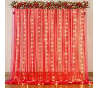 Red Tulle Backdrop Curtain with Lights String for Parites 10x10ft Wrinkle Free Sheer Backdrop Curtains for Birthday Party Bridal Shower Baby Shower Christmas Wall Photo Booth Background Decorations