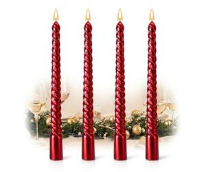 Red Twisted Spiral Taper Candles Glossy Finish 10 Inch Long - Pack of 4 for Table Decor Wedding Birthday Party Christmas Celebration and Gift Set, Elegant European Design with Rich Metallic Sheen,