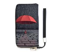 Red Umbrella in Rain Long Wallet Slim PU Leather Wallets for Men Women Minimalist Wallet with Card Slots, white, 20x10.5cm