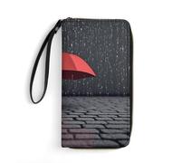 Red Umbrella in Rain Long Wallet Slim PU Leather Wallets for Men Women Minimalist Wallet with Card Slots, white, 19.7x10.5cm