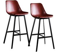 Red Upholstered Black Metal Bar Stools 75cm Counter Height Chairs with Plaid Seat Back & Footrest Supports 150kg Set of 2 for Kitchen Island