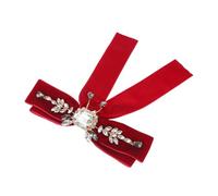 Red Velvet Ribbon Bow Brooch Pin with Rhinestones Elegant Retro