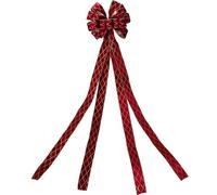 Red Velveteen Tree Top Bow with Long Streamers | Fabric Christmas Tree Topper Gold Glitter Diamond Check | Christmas Tree Decoration - 130 x 33cm