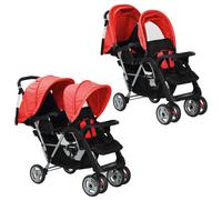 (red) vidaXL Tandem Stroller Steel Child Toddler Baby Pram Pushchair Baby Buggy