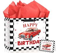 Red Vintage Car Birthday Gift Bag Classic Car Wrapping Paper with Tissue Paper Retro Classic Automobile Theme Party Favor Bags for Men Husband Father Grandfather 40th 50th 60th 70th Bday Celebrations