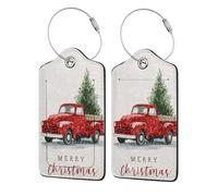 Red Vintage Truck Carrying A Christmas Tree Luggage Tag for Suitcase 2 Pack Leather Luggage Tag with Privacy Flap Name Id Label and Metal Loop for Women Men Travel