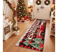 Red Vintage Truck Runner Rug 60x180 cm Merry Christmas Hallway Runner Rug | Soft Low Pile Non-Slip Decor Small Carpet for Bedroom, Entryway, Kitchen, Bedroom, Laundry Room
