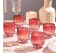 Red Votive Candle Holders Set of 6-2.55" x 3" Gradient Tea Lights Candle Holders Glass with Stylish Ribbed Design, Large Votive Holders for Valentines, Wedding Centerpieces, Christmas, Party Decor