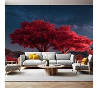 Red Wall Mural 250 x 180 cm Maple Tree Under The Starry Sky Non-Woven Art Print Wallpaper Mural for Walls Living Room Bedroom TV Background Boys Girls Kids Rooms Decoration