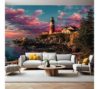 Red Wall Mural 250 x 180 cm Red Lighthouse on The Seaside Non-Woven Art Print Wallpaper Mural for Walls Living Room Bedroom TV Background Boys Girls Kids Rooms Decoration