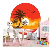 Red Wall Mural Photo Wallpaper 158" x 110", HD 3D Simple Palm Trees Birds Sunset Print Non-Woven Photo Wallpaper, Modern Living Room Bedroom TV Backdrop Wall Decoration