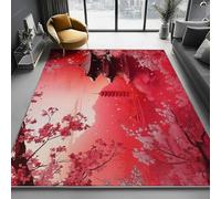 Red Washable Area Rug 60 x 90 cm, Anime-Style Chinese Cherry Blossoms Printed Design Short Lint Non-Slip Backing Carpet For Living Room, Open-Plan Lounge Tea Rooms Country Estates Outdoor Rug