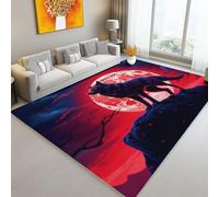 Red Washable Area Rug 60 x 90 cm, Mysterious Fantasy Black Wolf Moon Printed Design Short Lint Non-Slip Backing Carpet For Living Room, Open-Plan Lounge Tea Rooms Country Estates Outdoor Rug
