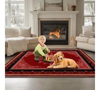 Red Washable Area Rug for Living Room 120 x 180 cm, Arabic Design Symmetrical Pattern Soft Touch Short Pile Style Carpet Area Rugs Non Shedding Short Pile Floor Carpet for Bedroom Dining Room