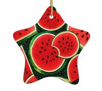 Red Watermelon Christmas Ceramic Star Ornament with Hanging Cord, Double-Sided Print Hanging Decoration for Home & Tree