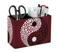 Red Wave Point Tai Chi Leather Pen Pot 2 Sections Pencil Holder Office Desktop Organizer Makeup Storage