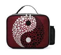 Red Wave Point Tai Chi Reusable Insulated Lunch Bag Tote Handbag Leather Portable Cooler Bags for Men Women