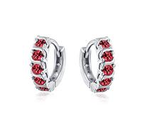 Red Wave Round Cubic Zirconia CZ Small Kpop Huggie Hoop Earrings For Women For Men Simulated Ruby Sterling Silver
