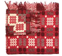 Red Welsh Tapestry Woollen Throw. Traditional Carthen Welsh Blanket - Caernarfon pattern. Finished with fringing.