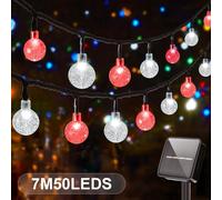 (Red White, 23Ft/50LED/8Mode) 100 LED 19.51meter IP65 Crystal Globe Solar String Lights Outdoor, 8 Lighting Modes, Solar Globe Lights