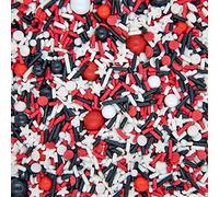 Red White and Black Sprinkles for Cake Decorating and Baking Cupcakes - Fancy Edible Red Sprinkles for Cookies with White Black Sprinkle Decorations in Jimmies, Nonpareils, Sugar Pearl with Star Quins