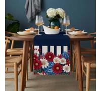 Red White and Blue Daisy Table Runner 18x72 inch Black Stripes Cotton Linen Dining Table Runner Ideal for Dresser Kitchen Coffee Tables - Machine Washable