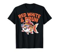 Red White and Bruh Funny Patriotic Fish with Fire Helmet T-Shirt