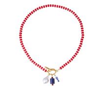 Red White Beaded Toggle Necklace,Ocean Baroque Pearl Fish Charm Choker | Mini Beads Chain with Baroque Pearl & Enamel Fish Charms, Vacation Holiday Jewelry for Women