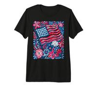 Red White Blue Boho Flowers American Flag 4th July Women Premium T-Shirt