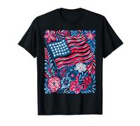 Red White Blue Boho Flowers American Flag 4th July Women T-Shirt