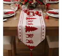 Red & White Christmas Table Runner 33×180 cm - Festive Christmas Trees & Reindeer Design - Classic Xmas Dining Table Decoration for Home, Kitchen & Holiday Parties