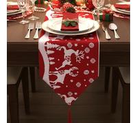 Red & White Christmas Table Runner 33×180 cm - Festive Prancing Reindeer & Snowflake Design - Classic Xmas Dining Table Decoration for Home, Kitchen & Holiday Parties