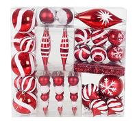 Red White Christmas Tree Baubles Set 52 Piece Decorations Tinsel Round Teardrop