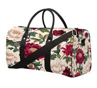 Red White Classical Peony Flower Foldable Travel Duffle Bag Waterproof Sports Gym Bag with Shoulder Straps