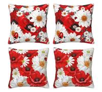 Red White Cushion Covers 35 x 35 cm Pack of 4 Velvet Cushion Cover Soft Small Sofa Cushions 14 x 14 Inch Square Daisy Throw Pillow Cases for Couch Chair Sofa Livingroom Bedroom Farmhouse Decor -LI551