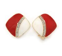 Red/White Enamel Crystal Square Clip On Earrings In Gold Plating - 20mm