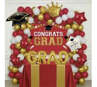 Red White Gold Balloon Garland Arch Kit with backdrop Stars Graduation Cap crown GRAD Letters Mylar Balloons for 2026 graduate Prom Decorations