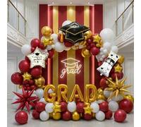 Red White Gold Graduation Balloon Garland Arch Kit with Graduation Star print Certificate Letter Foil Balloons for Graduate Class of 2026 Grad Prom party Decorations Supplies