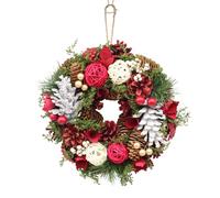 (Red, White & Green) 25cm Christmas Pinecone Wreath w/ Jute Hanger Decoration