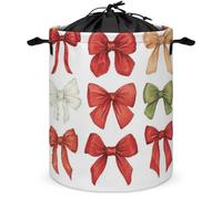 Red White Green Bows Laundry Basket Laundry Hamper Round Collapsible Drawstring Clothes Hamper for Bedroom Bathroom