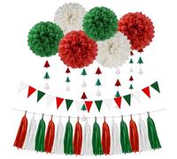 Red White Green Christmas Decorations - 23pcs Tissue Paper Flowers Pom Poms Tassel Garland Banner 3D Christmas Tree Paper Streamers Birthday Party Decorations For Home Indoor Outdoor Hanging Decor