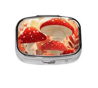 Red White Mushroom_1 Square Mini Pill Case, Compact Metal Pocket Pill Box with 2 Compartments for Travel
