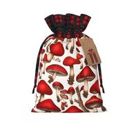 (Red White Mushroom) Drawstring Gift Bags with Tag Plaid Candy Bags for Holiday Christmas Party Supplies S